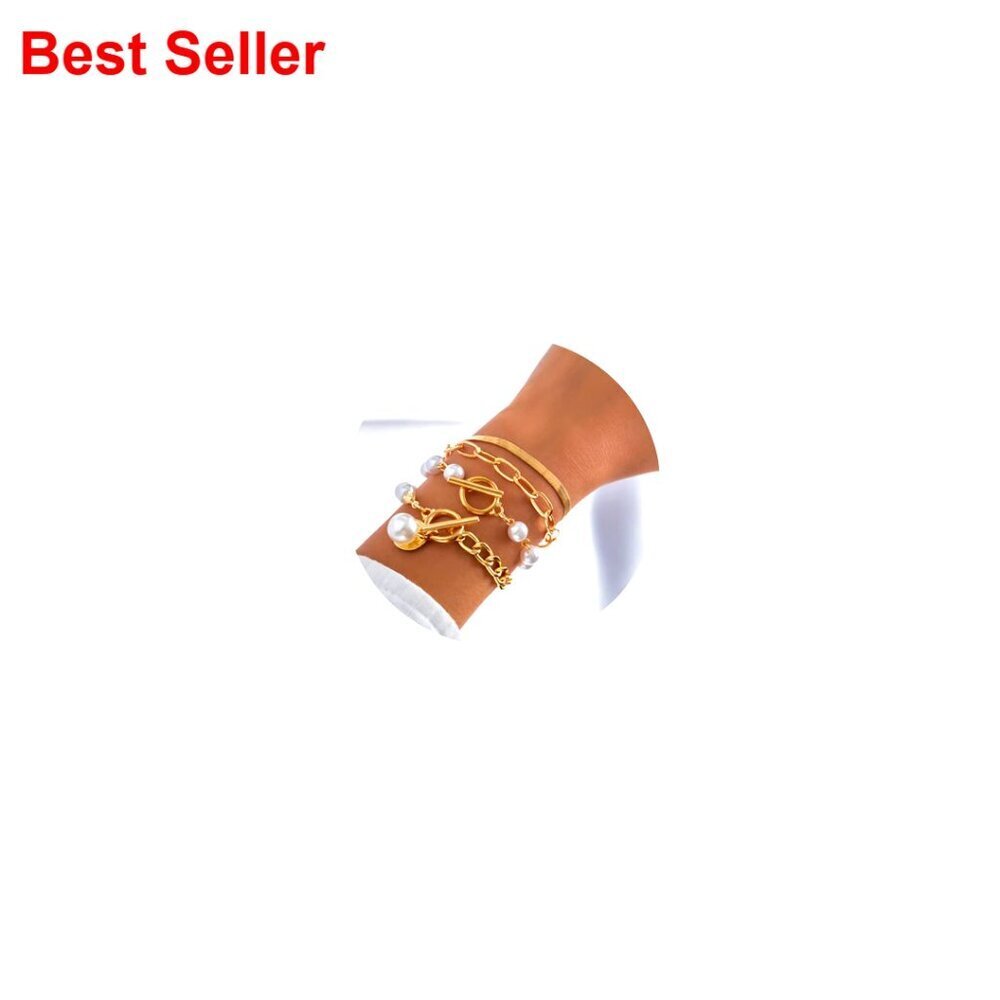 Gold Plated Layered Chain Link Pearl Stack Bracelet Set